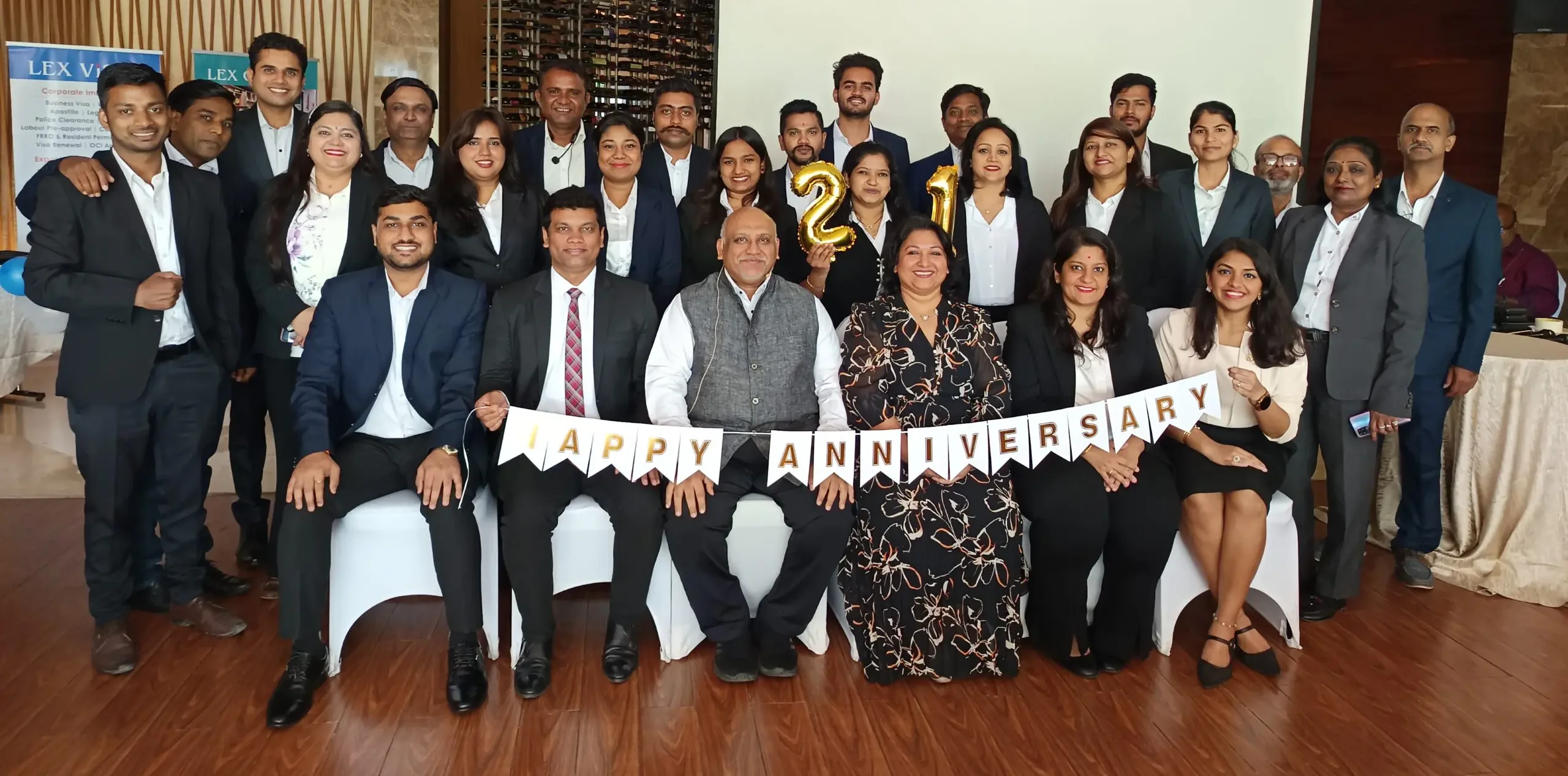 Lex Visas team celebrating the 21st Anniversary Annual Day 2026 with employees, leadership, and award ceremonies