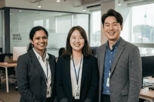 Indian and Korean professionals working together in a South Korea office for employee mobility and work visa services