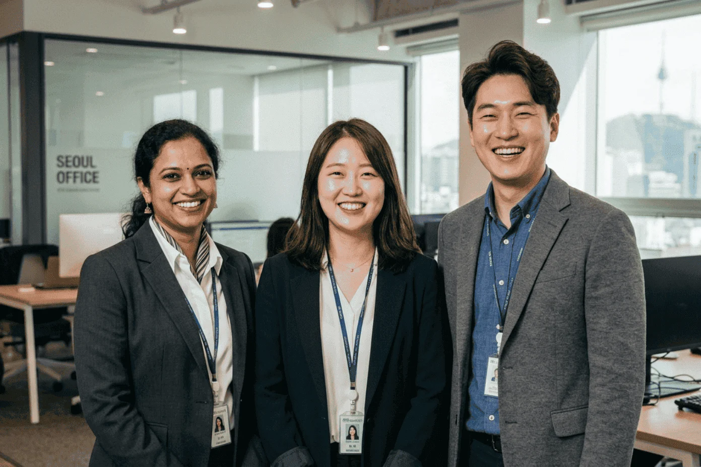 Indian and Korean professionals working together in a South Korea office for employee mobility and work visa services